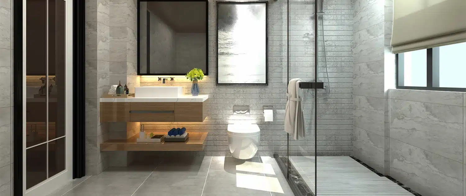 modernes Badezimmer mit barrierefreier Dusche Modernes Badezimmer mit bodenebener, barrierefreier Dusche
