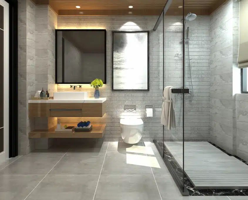 modernes Badezimmer mit barrierefreier Dusche Modernes Badezimmer mit bodenebener, barrierefreier Dusche